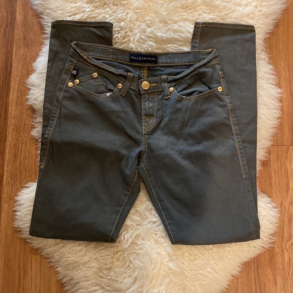 Rock & Republic New Money Berlin Skinny Denim Jeans EUC Sz 6 Gray Gold Cotton